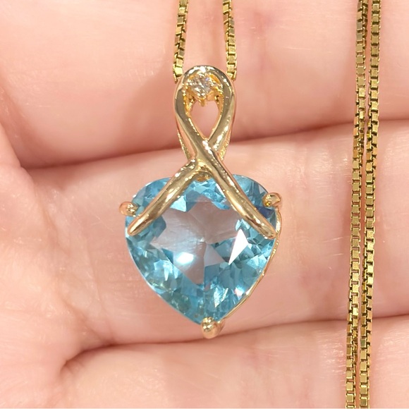 Jewelry - 14K Gold Swiss Blue Topaz Heart Pendant: Diamond Accent Filigree